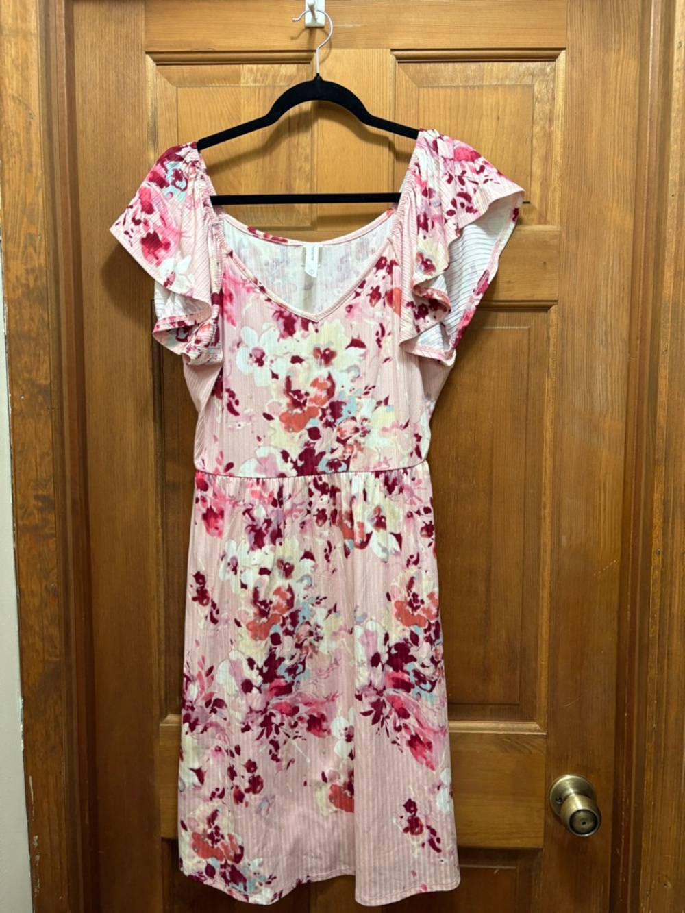 Honeyme Pink & Cream Floral Midi Dress with Ruffle Sleeves